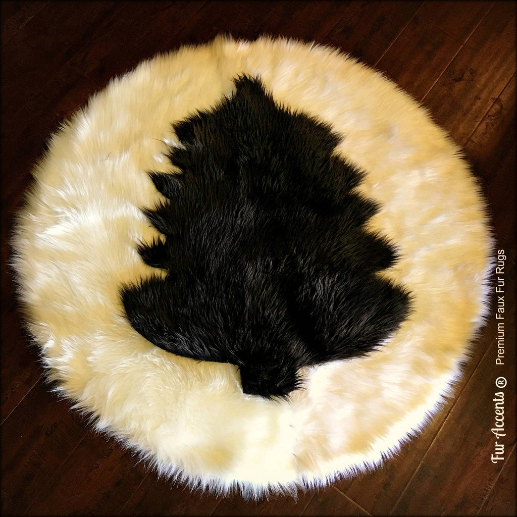 Round Shag Fur  Art Rug - Faux Sheepskin - Bear Skin - Evergreen - Christmas Tree Design - Log Cabin - Country Designer Decor by Fur Accents