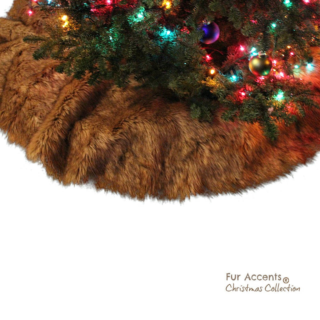 Classic Faux Fur Christmas Tree Skirt - Shaggy Shag Faux  Wolf -  Round  - Light Brown Tones by Fur Accents - USA