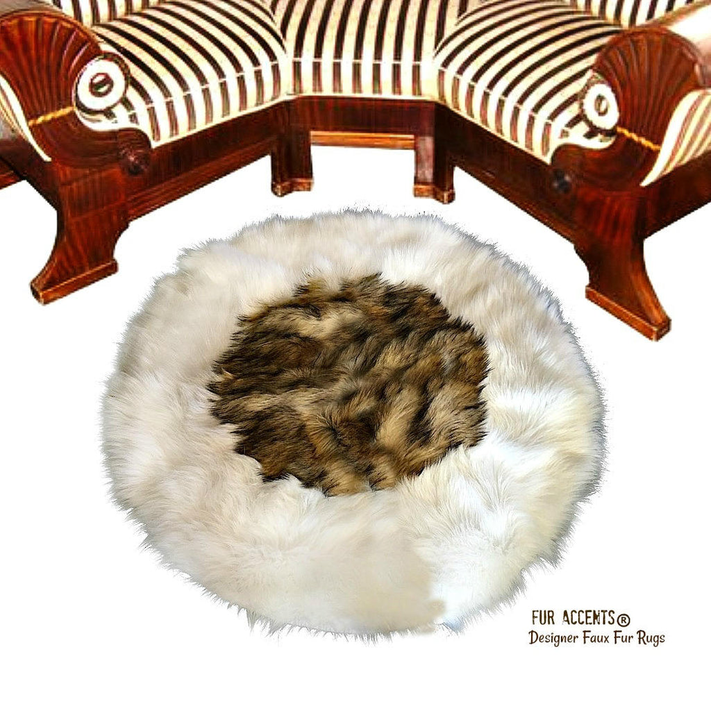 Classic Designer Faux Fur Area Rug - Round - Ivory Off White Sheepskin Shag with Golden Brown Wolf Center - Bear Skin by Fur Accents - USA