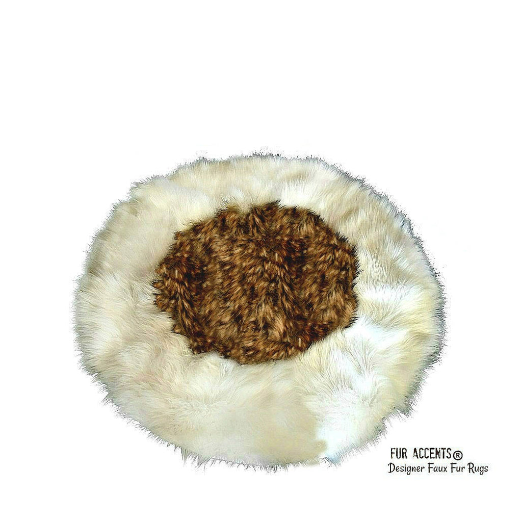 Classic Designer Faux Fur Area Rug - Round - White Sheepskin Shag with Light Brown Coyote Fur Center - Bear Skin by Fur Accents - USA