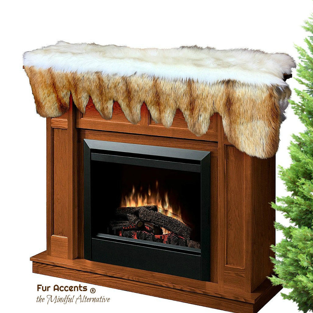 Plush Faux Fur Fireplace Mantle Scarf-Brown Stripe Fox Pieced Fur - Christmas decoration Log Cabin Table Runner - Fur Accents Originals USA