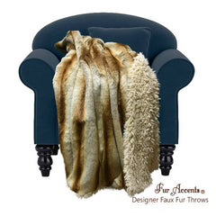Plush Faux Fur Throw Blanket - Bedspread - Luxury Brown Stripe Ribbed Chinchilla Fur Fleece Cuddle Fur Lining - Fur Accents - USA