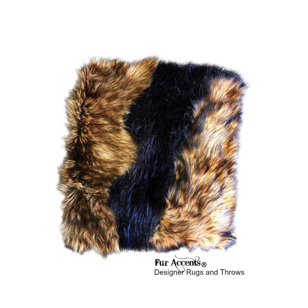 Plush Faux Fur Pillow - Sham - Cover - Plush Black Bear with Golden Wolf Trim - 3 New Sizes - Designer Throw - Toss -  Fur Accents USA