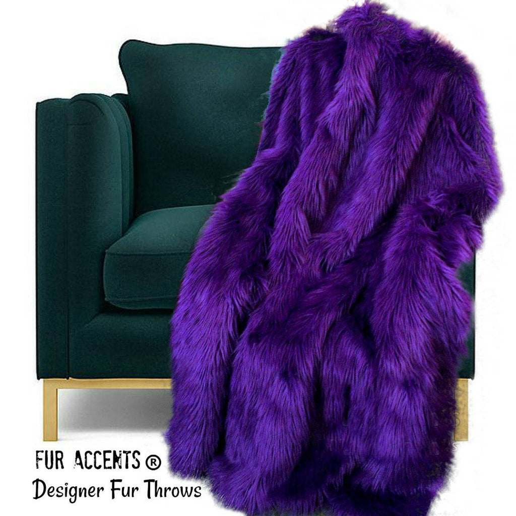 Plush Faux Fur Throw Blanket, Bedspread - Luxury Fur - Deep Purple Shag  - Minky Cuddle Fur Lining - Fur Accents USA