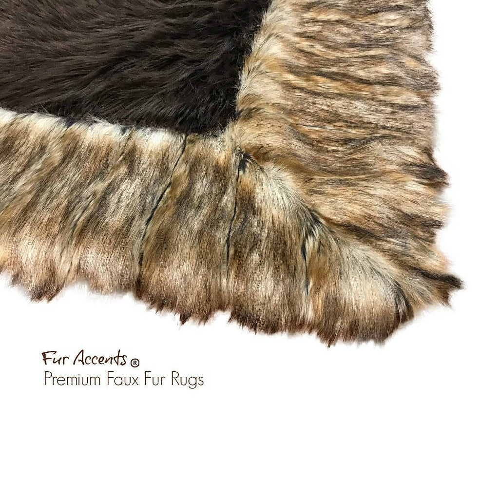 Plush Faux Fur Throw Area Rug - Brown Shag Bear with Brown Ribbed Fox Fur Border Trim - Ultra-Suede Lining - Fur Accents - USA