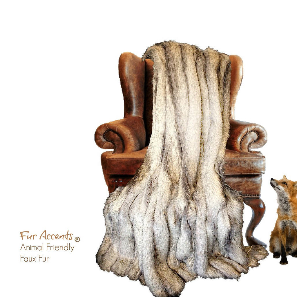 Plush Faux Fur Throw Blanket - Bedspread - Luxury Fur Gray Stripe Ribbed Fox - Fur Minky Cuddle Fur Lining - Fur Accents - USA