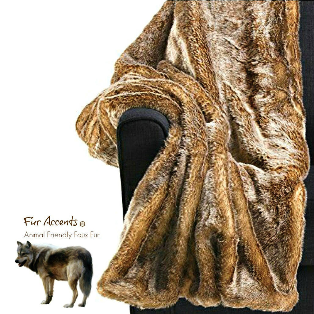 Plush Faux Fur Throw Blanket - Bedspread - Luxury Fur Medium Brown Wolf - Fur Minky Cuddle Fur Lining - Fur Accents - USA