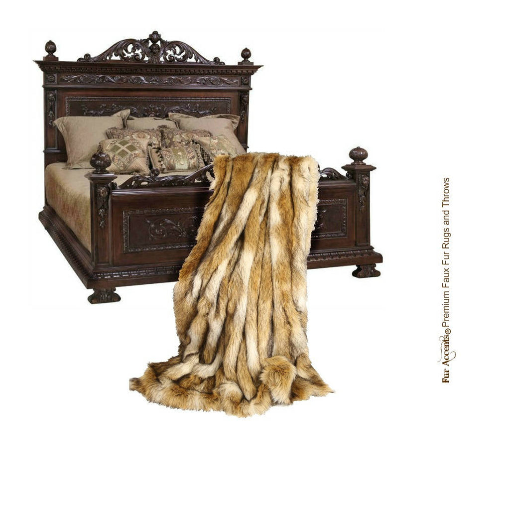 Plush Faux Fur Throw Blanket Golden Ivory Coyote Stripe Throw Blanket -Bedspread Luxury Fur - Minky Cuddle Fur Lining Fur Accents USA
