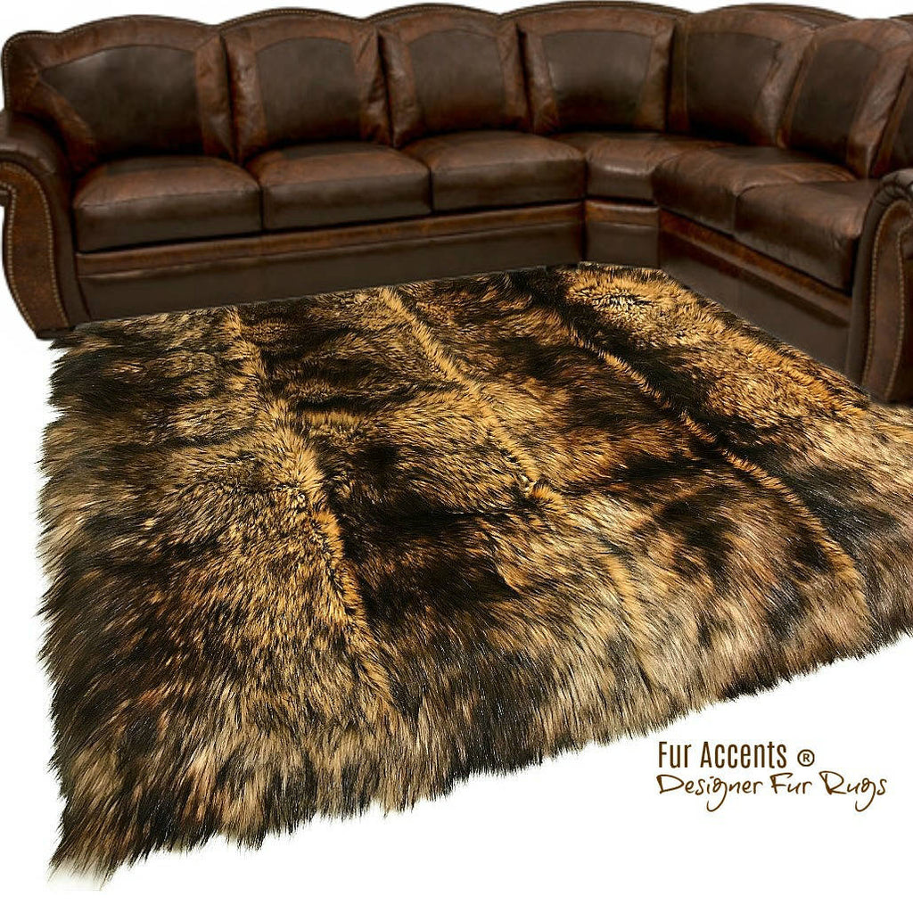 Plush Faux Fur, Pieced Luxury Fur Strip Rug, Golden Brown Wolf, Ultra Suede Lining, Custom Made to Order, Hand Made Art Rugs by Fur Accents - USA