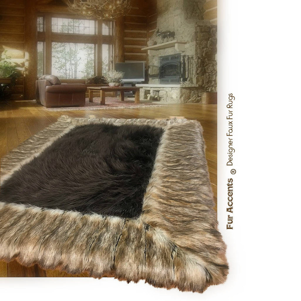 Faux Fur Shag Area Rug - Ribbed Fox Border - Choose Brown Fox or Silver Gray Fox - Ultra-Suede Lining - Fur Accents - USA