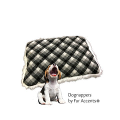 Dog Bed - Pet - Cat Mat - Faux Fur Shaggy Gray Tip Arctic Wolf and Plaid Fleece - Sheepskin - Soft Padded - Reversible - Dognappers