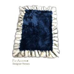 Faux Fur Throw Blanket - Area Rug - Bed Spread - Cobalt Blue Shag - Exotic Gray Wolf Border Trim - Lining - Hand Made in America by Fur Accents - USA