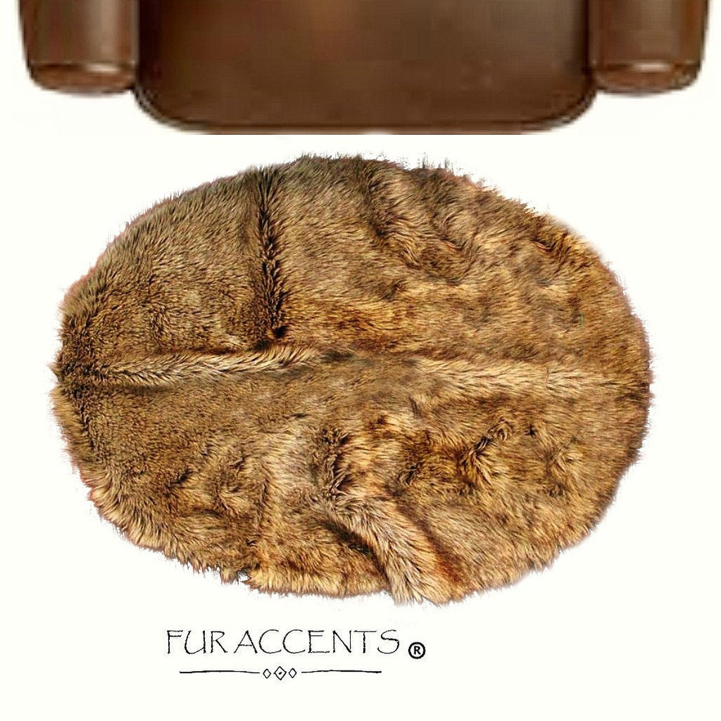 Unique Hand Crafted Oval Rug, Faux Wolf Fur Area Rug, Light Brown Wolf, Coyote, Ultra Suede Lined, Designer Original, Hand Made in America by Fur Accents USA