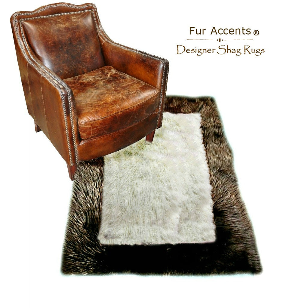 Faux Fur Area Rug - Rich Brown - Off White Shaggy Carpet - Sheepskin - Rectangle Border - Plush Designer Nursery Throw Rug - Fur Accents USA
