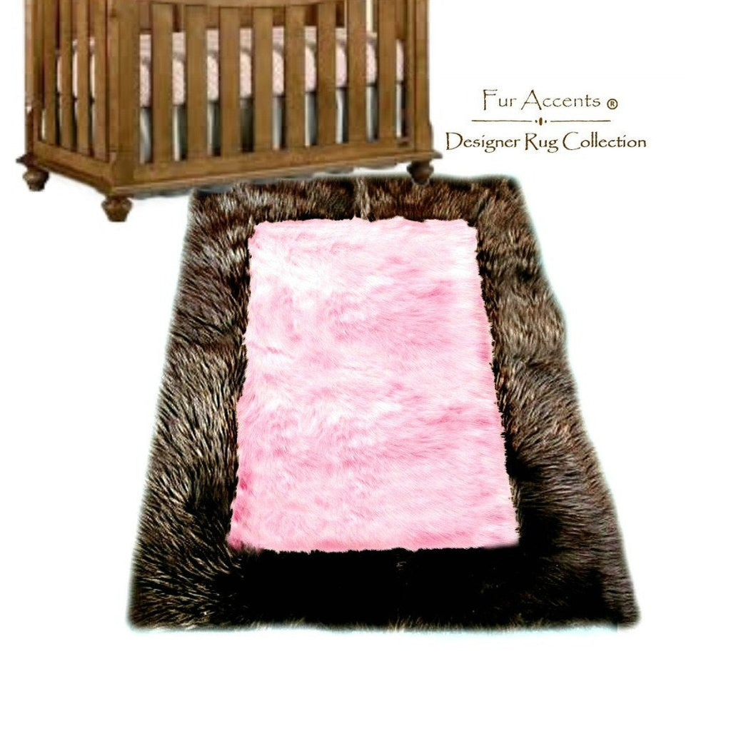 Faux Fur Area Rug - Rich Brown and Pink Shaggy Carpet - Sheepskin - Rectangle Border - Plush Designer Nursery Throw Rug - Fur Accents USA