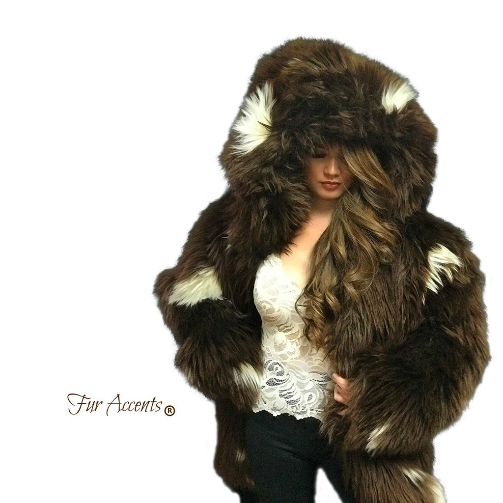 Exotic Faux Fur Coat, Shaggy Thick Brown White Spotted Buffalo, Hooded Coat,Unisex Jacket - One Size - Oversize