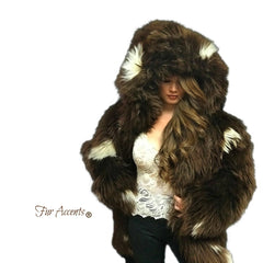 Exotic Faux Fur Coat, Shaggy Thick Brown White Spotted Buffalo, Hooded Coat,Unisex Jacket - One Size - Oversize