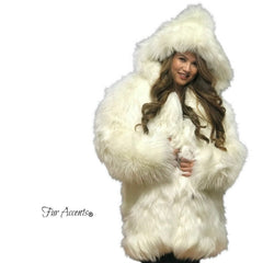 Exotic Faux Fur Coat, Shaggy White Polar Bear, Sheepskin, Buffalo, Hooded Coat, Jacket - One Size - Oversize by FUR ACCENTS  Hand Made USA