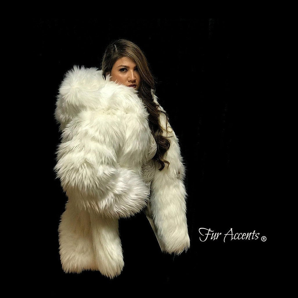 Exotic Faux Fur Coat, Shaggy White Polar Bear, Sheepskin, Buffalo, Hooded Coat, Jacket - One Size - Oversize by FUR ACCENTS  Hand Made USA