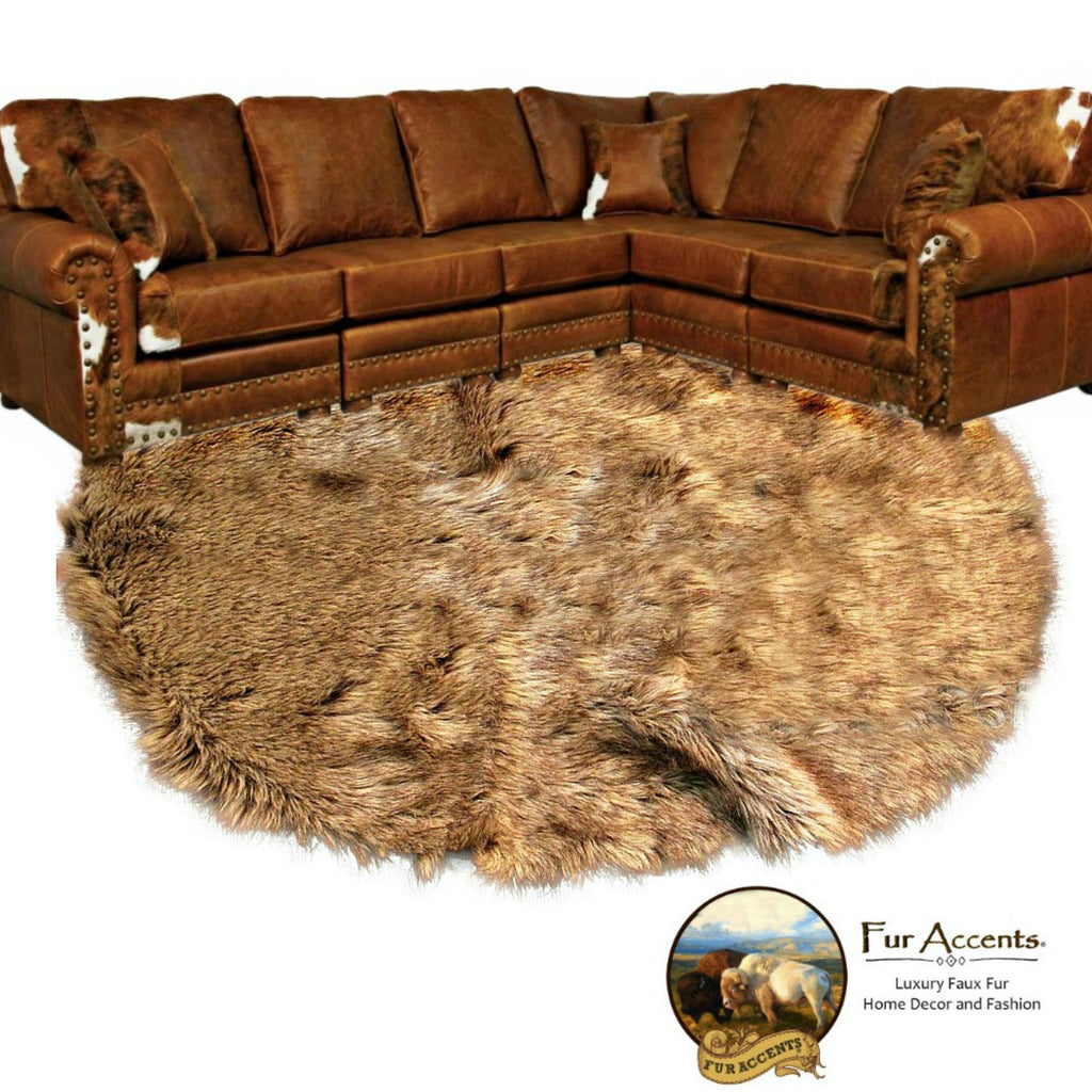 Faux Fur Round Rug - Golden Brown Wolf - Coyote - Non-Slip Ultra Suede Lining - Area Rug - Designer Quality by Fur Accents  - Handmade USA