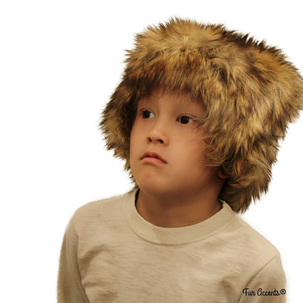 Plush Faux Fur Hat - Fun Shaggy Wolf -  Coyote skin - Beanie - Designer Fashion Kids and Adults - Great Hats by Fur Accents - USA