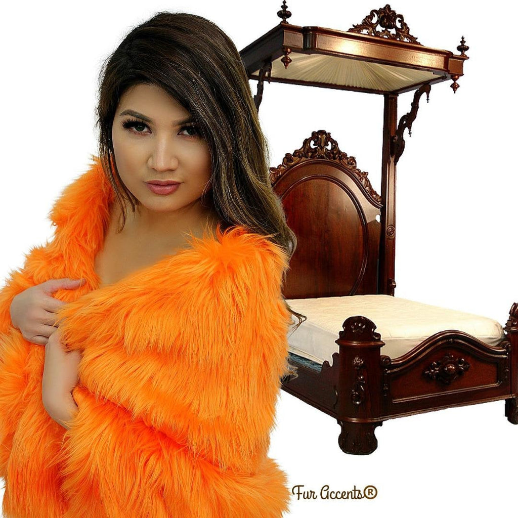 Plush Faux Fur Throw Blanket - Bedspread - Duvet - Orange - Exclusive Luxury Shag Fur - Minky Cuddle Lining - Fur Accents - Hand Made USA