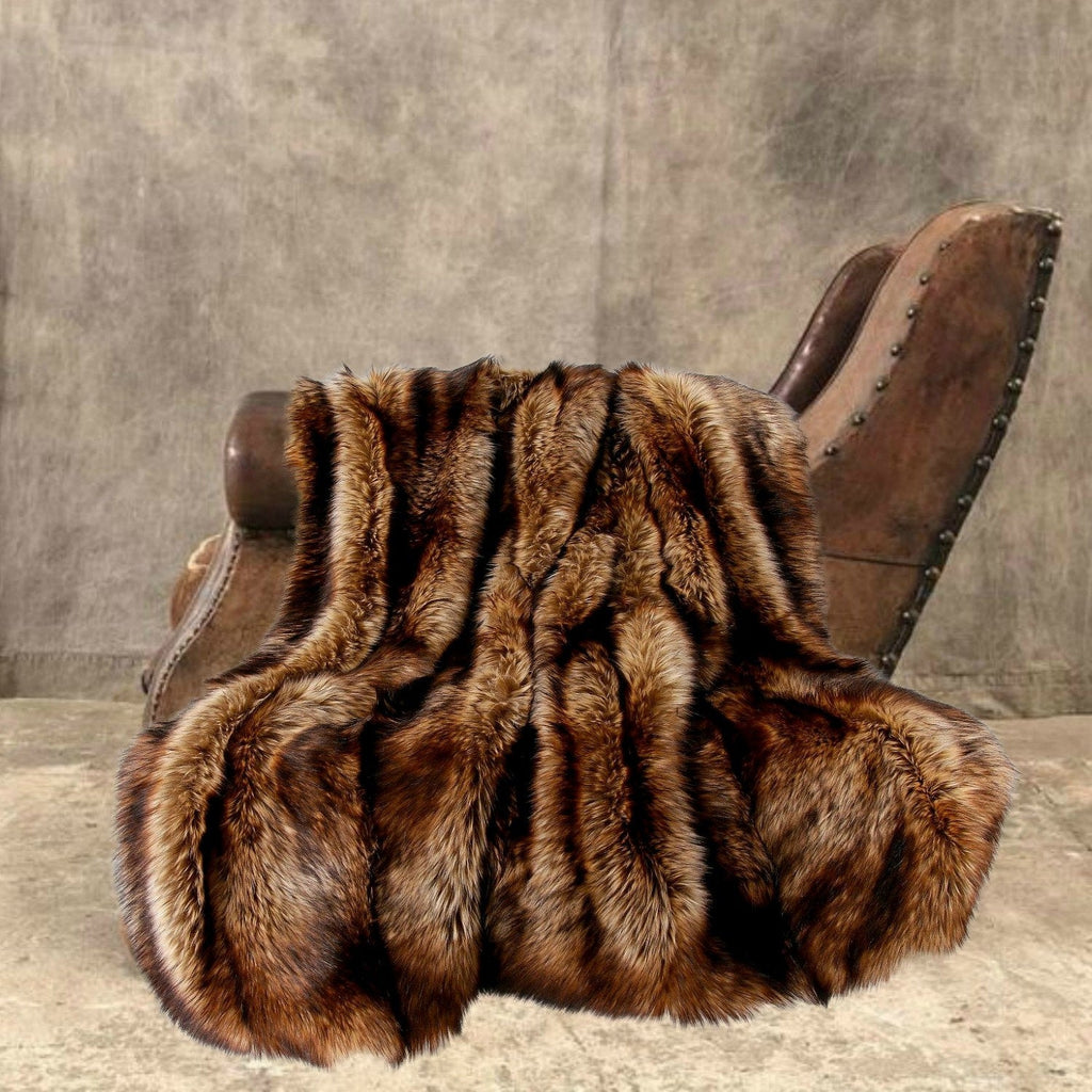 Plush Fur Throw Blanket, Rich Golden Brown Stripe Wolf , Minky Cuddle Reverse, Bedspread, Luxury Fur, Fur Accents, USA
