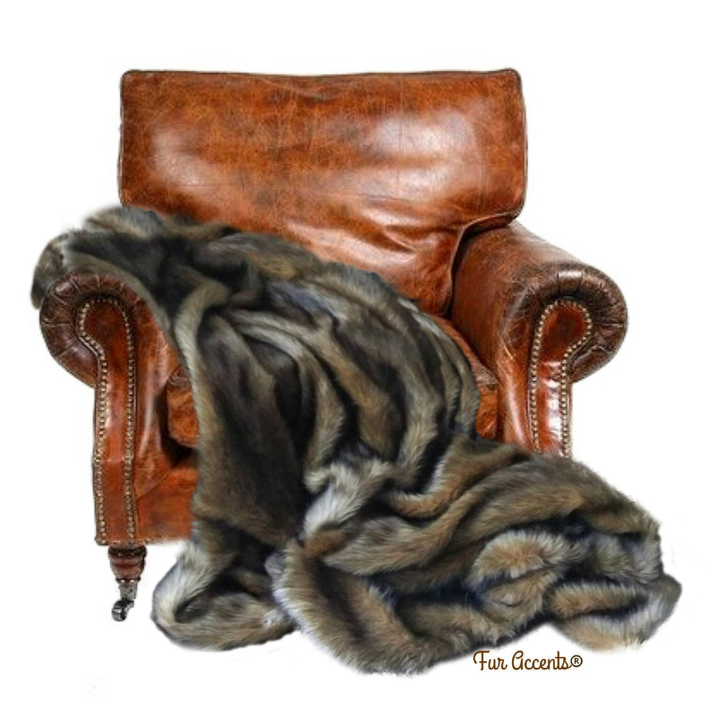 Plush  Faux Fur Throw Blanket, Gold and Gray Wolf Fur Shag - Luxury Fur - Minky Snuggle, Cuddle Fur Lining Fur Accents USA