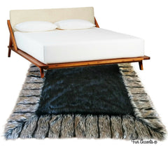 Plush Faux Fur Throw Area Rug - Black Brown OR Gray Shag Bear with Brown Ribbed Fox Fur Border Trim - Ultra-Suede Lining - Fur Accents - USA