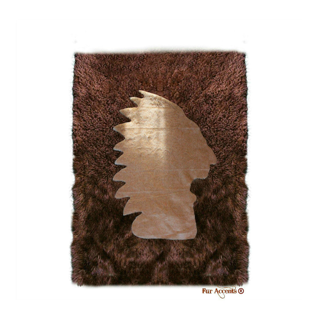 Plush Faux Fur Area Rug - American Indian Head Art Rug - Rectangle - Hand Sewn - Micro Suede Lining - Western - Log Cabin - Fur Accents USA