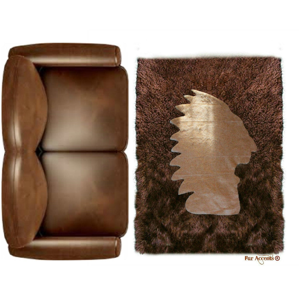 Plush Faux Fur Area Rug - American Indian Head Art Rug - Rectangle - Hand Sewn - Micro Suede Lining - Western - Log Cabin - Fur Accents USA