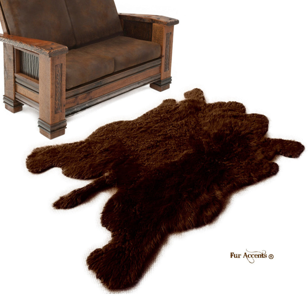 Plush Faux Fur Area Rug - Shaggy Buffalo Skin Hide - Large - Realistic Pelt Shape - Designer Throw - Brown -Art Rug by Fur Accents - USA