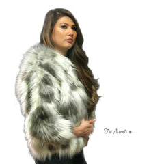 FUR ACCENTS Exotic Faux Fur Shaggy Gray Nordic Fox Hooded Coat - Jacket - Oversize - Lined - Hand Made in the USA