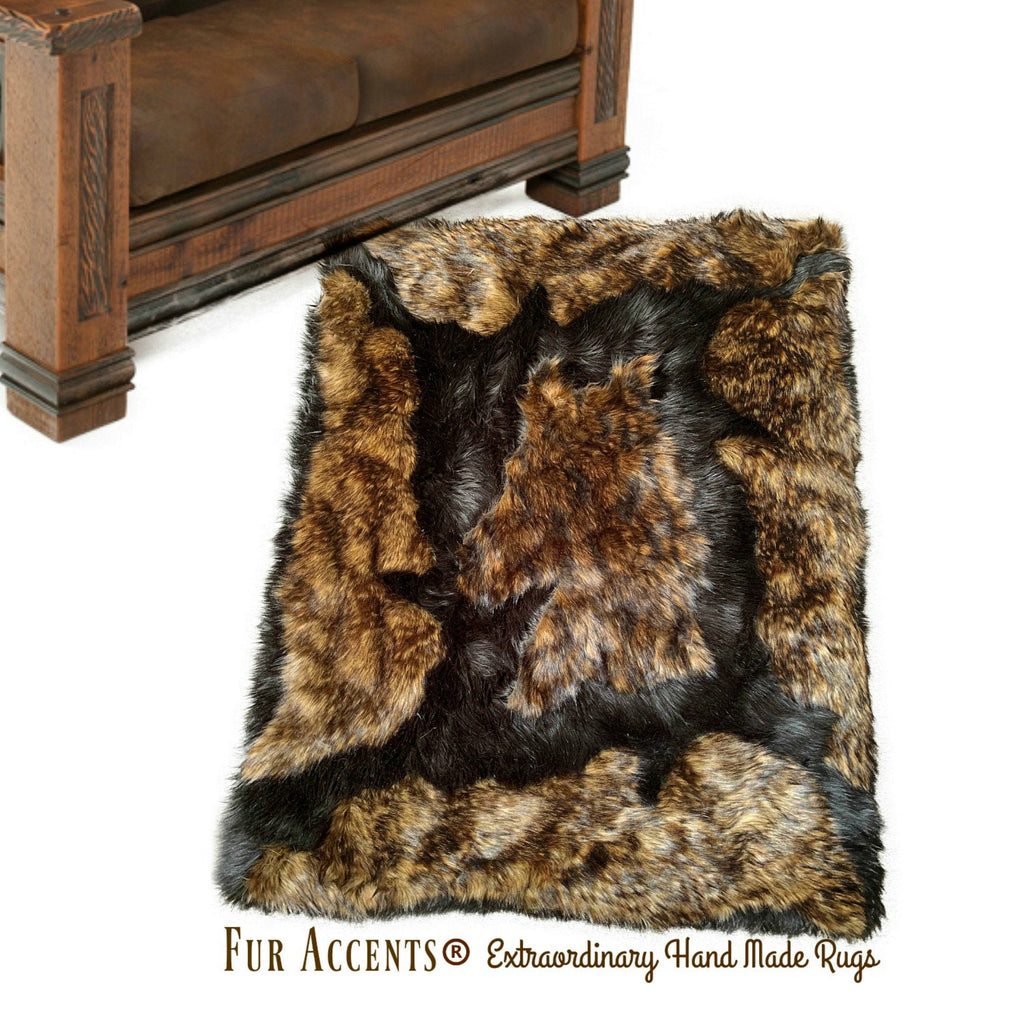 Plush Faux Fur Throw Area Rug - Black Bear Rug with Brown Wolf Trim w/ Horse Head - Hand Sewn - Micro Suede Lining - Fur Accents - USA