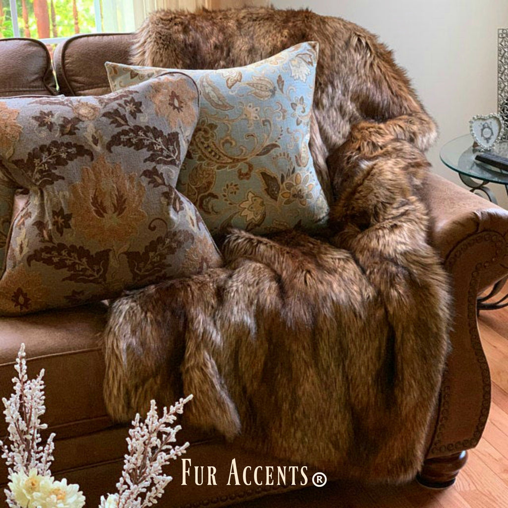 Plush Faux Fur Throw Blanket - Bedspread - Luxury Fur Golden Brown or Stripe Wolf Fur Minky Cuddle Fur Lining - Fur Accents - USA