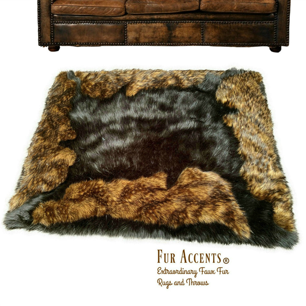 Plush Faux Fur Western Style Area Rug - Black or Brown Shag Bear Rug with Brown Wolf Trim - Rectangle Shape Framed with Our Best Animal Faux Fur - Hand Sewn in America - Micro Suede Lining - Fur Accents - USA