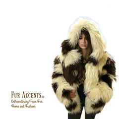 FUR ACCENTS Exotic Faux Fur Shaggy  Thick Long Hair Icelandic Sheepskin Hooded Coat -  Unisex Jacket - One Size - Oversize