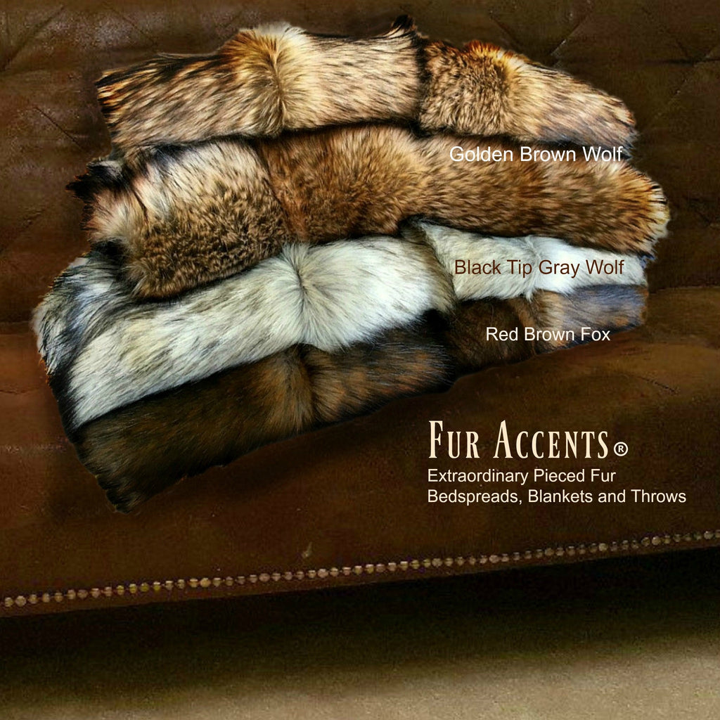 Plush Faux Fur Throw Blanket - Bedspread - Luxury Pieced   Fur Golden Brown or Stripe Wolf Fur Minky Cuddle Fur Lining - Fur Accents - USA
