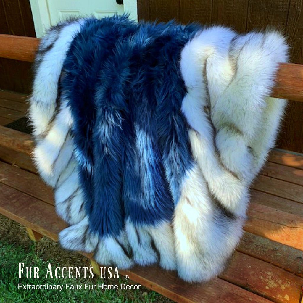 Faux Fur Throw Blanket - Area Rug - Bed Spread - Cobalt Blue Shag - Exotic Gray Wolf Border Trim - Lining - Hand Made in America by Fur Accents - USA
