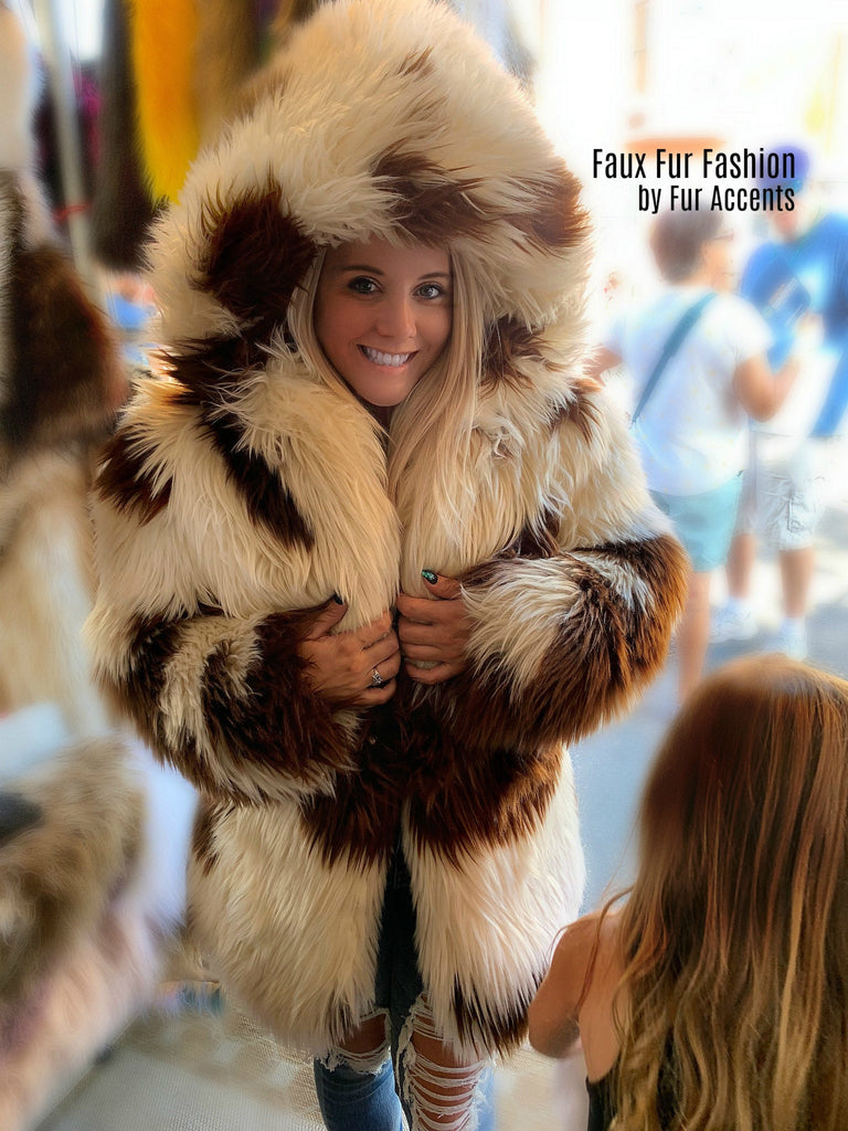 FUR ACCENTS Exotic Faux Fur Shaggy Thick Long Hair Icelandic Sheepskin Hooded Coat -  Unisex Jacket - One Size - Oversize