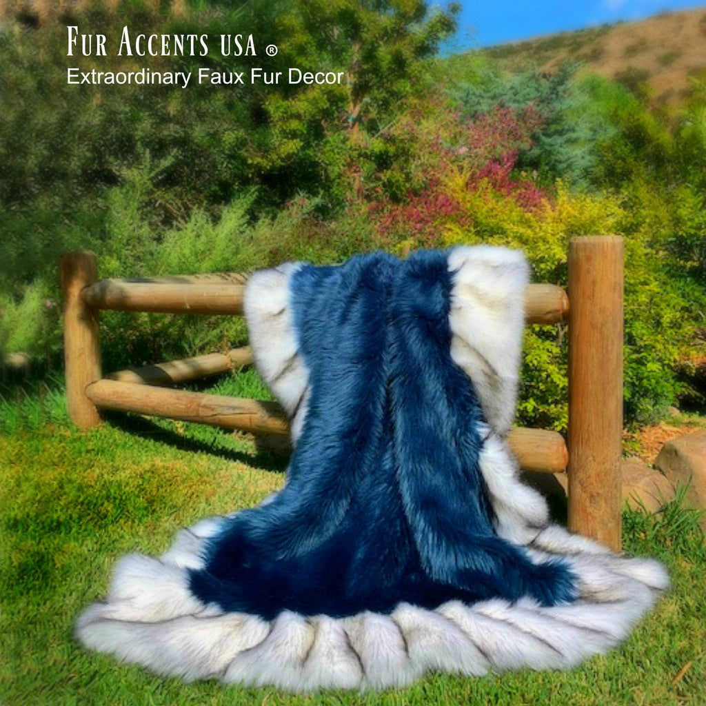 Plush Faux Fur Throw Blanket - Area Rug - Bed Spread - Cobalt Blue Shag - Exotic Gray Wolf Border Trim - Faux Fur Lining - Hand Made to Order in America byFur Accents - USA