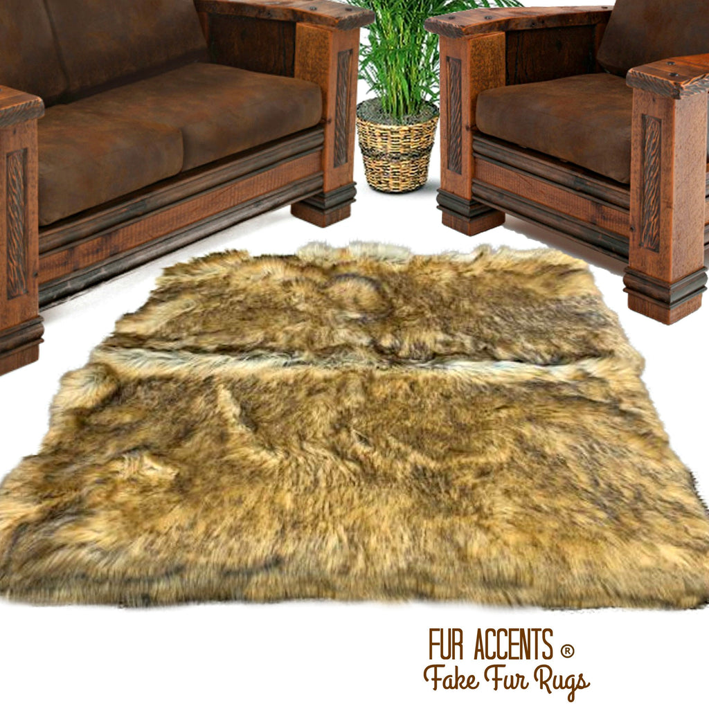 Plush Faux Fur Throw Area Rug - Pieced Golden Wolf - Coyote - Shag Fake Fur Accent Rug - Thick Soft Plush - Suede Lining - Fur Accents - USA