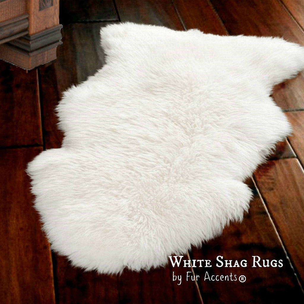 Plush Faux Fur Art Rug - Luxury Fur - Thick Shaggy White Sheepskin - Single Pelt  -  Fur Accents USA