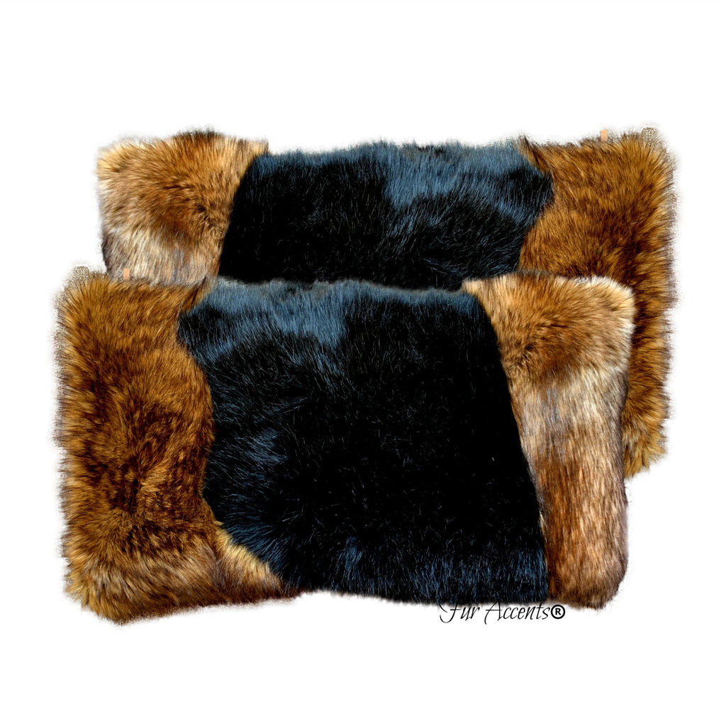 One Plush Faux Fur Pillow Sham, Black Shag with Medium Wolf Trim Border, Shaggy Thick, Rectangle Shape, Pelt Design, by Fur Accents USA