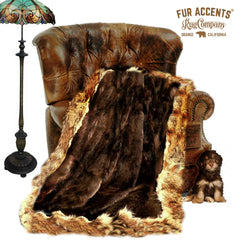 Plush Faux Fur Bedspread - Brown Golden Wolf - Coyote Border - Log Cabin Designer Throw Blanket or Wild Wolf Bedspread by Fur Accents USA