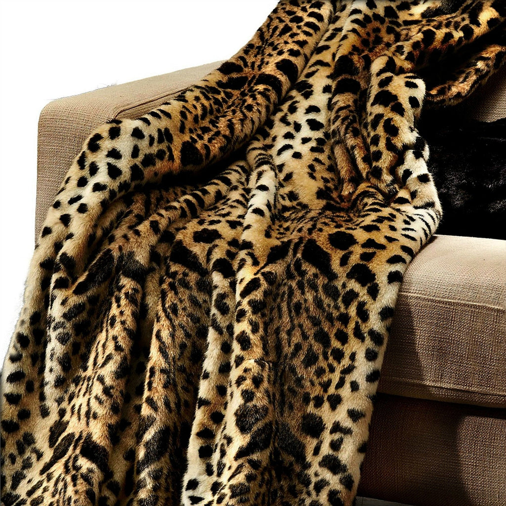 Plush  Faux Fur Throw Blanket, Soft Pink Traditional Brown Spotted Leopard Bedspread - Luxury Fur - Minky Cuddle Fur Lining Fur Accents USA