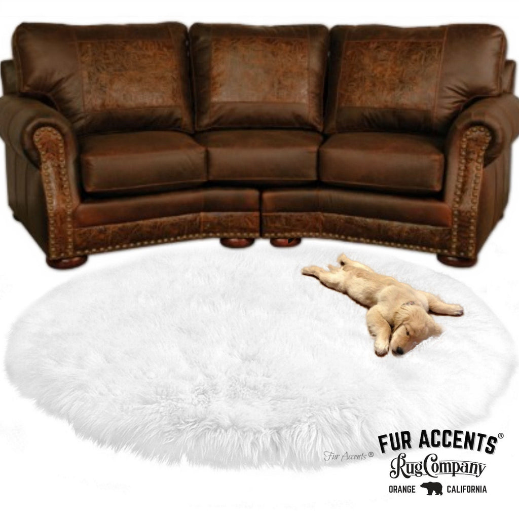 Plush Round Faux Fur Area Rug - Soft White Shag - Bonded Suede Back - Man Made Sheepskin - Designer Throw Rug - 100% Animal Friendly Fur - Hand Made in America by Fur Accents - USA