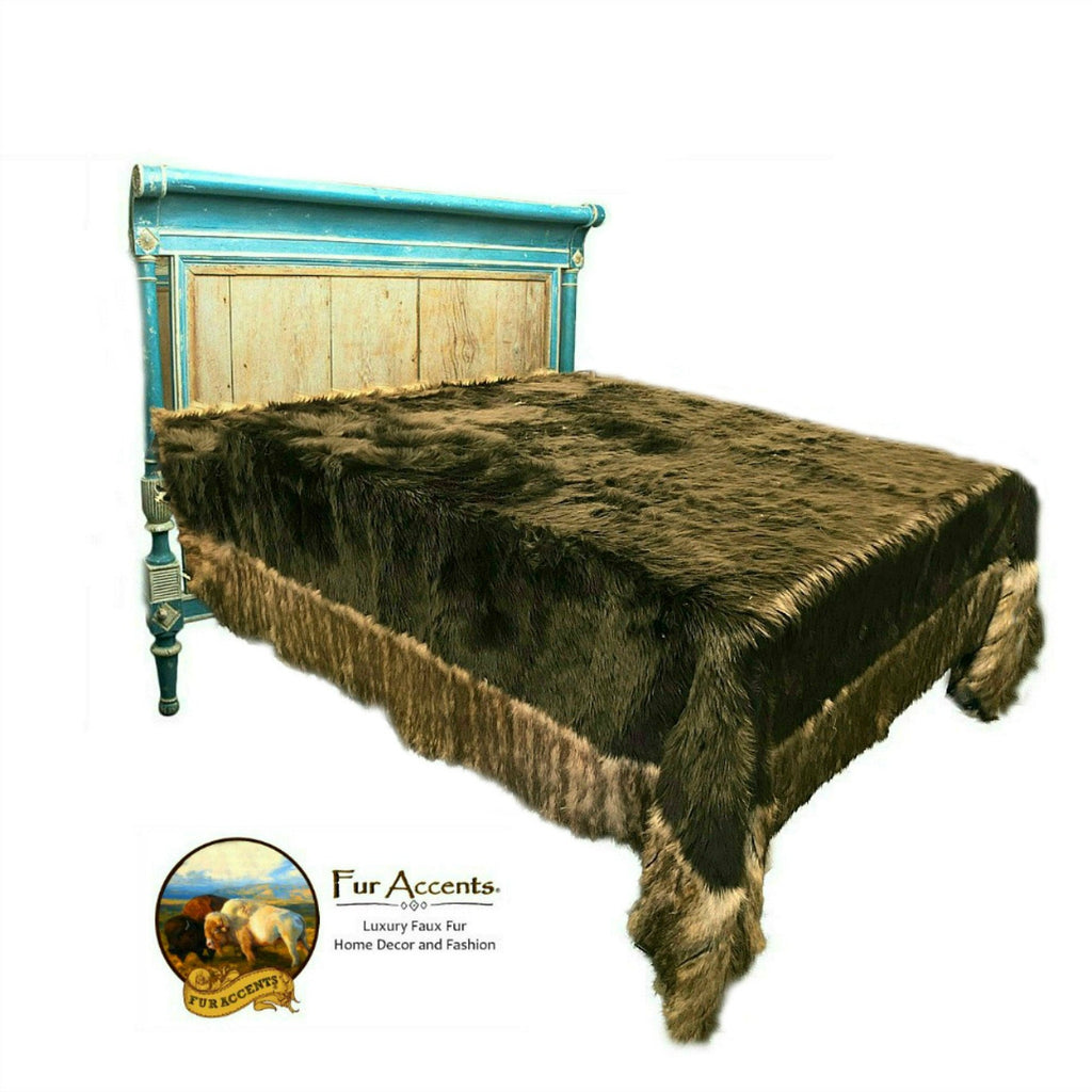 Plush Faux Fur Bedspread - Brown Golden Wolf - Coyote Border - Log Cabin Designer Throw Blanket or Wild Wolf Bedspread by Fur Accents USA
