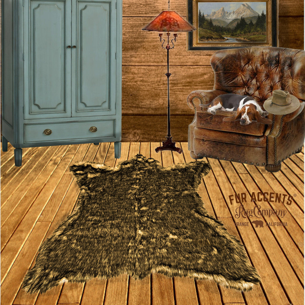 Golden Brown Bear Skin Rug, Gray Undercoat, Realistic. Faux Fur. Area Rug. Lodge Cabin. Rustic. Cottage Decor. Shag. Gifts for him. For Dad