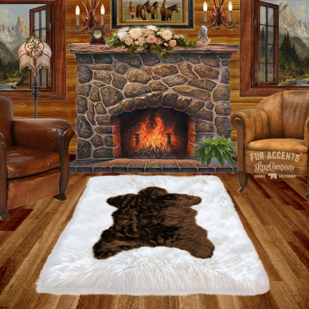 Plush Faux Fur Area Rug - Luxury Fur Brown Bear Skin - Faux Fur - Rectangle Pelt Shape Designer Throw Art Rug by- Fur Accents - USA